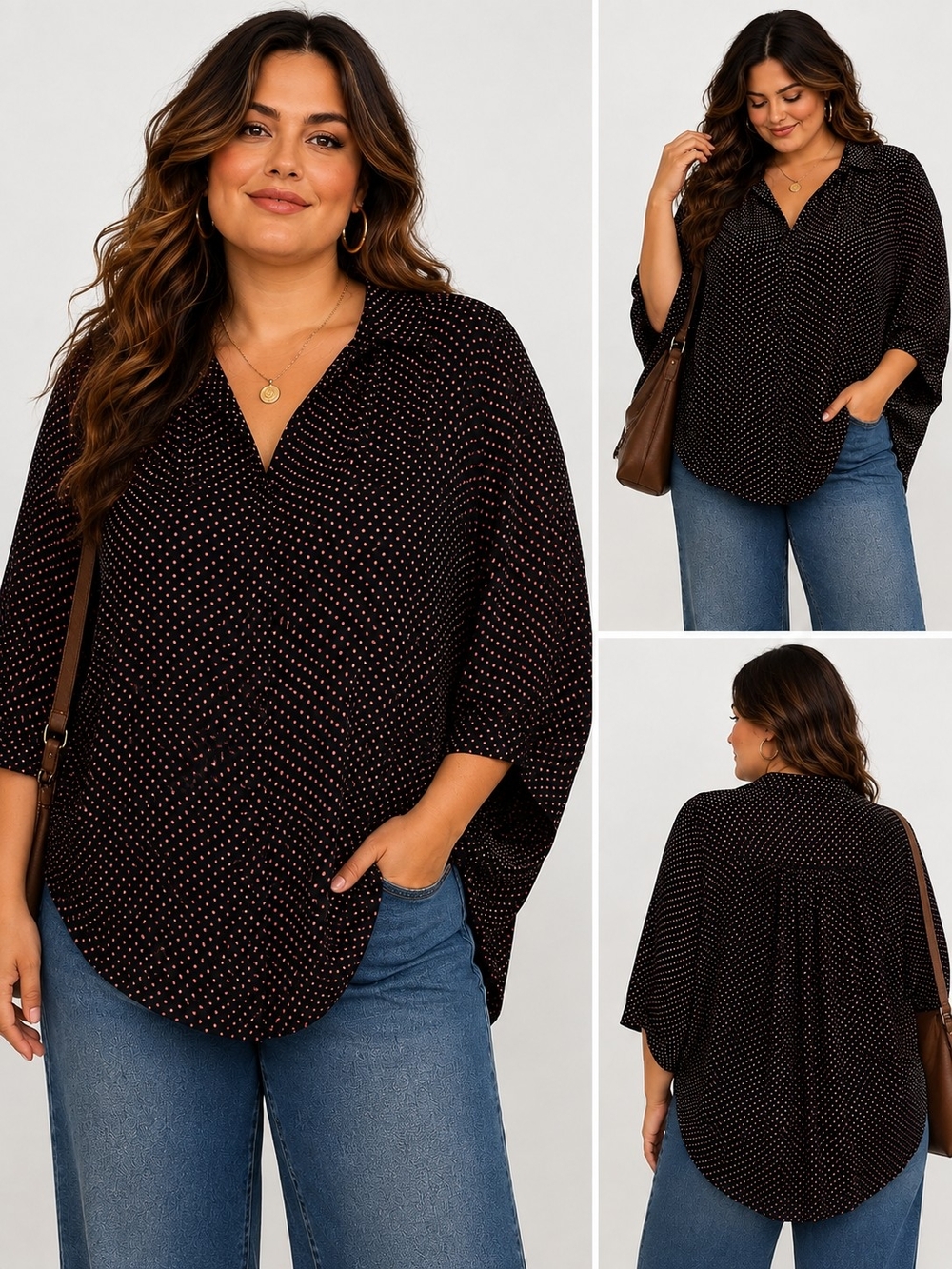 Antilia Femme XL Black Coral Polka Dot Batwing Blouse Dark Academia Artsy